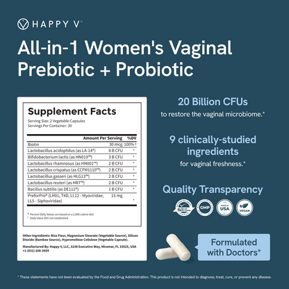 Happy‑V* – Intimate Microbiome Support with Prebiotics, 60 Vegan Capsules